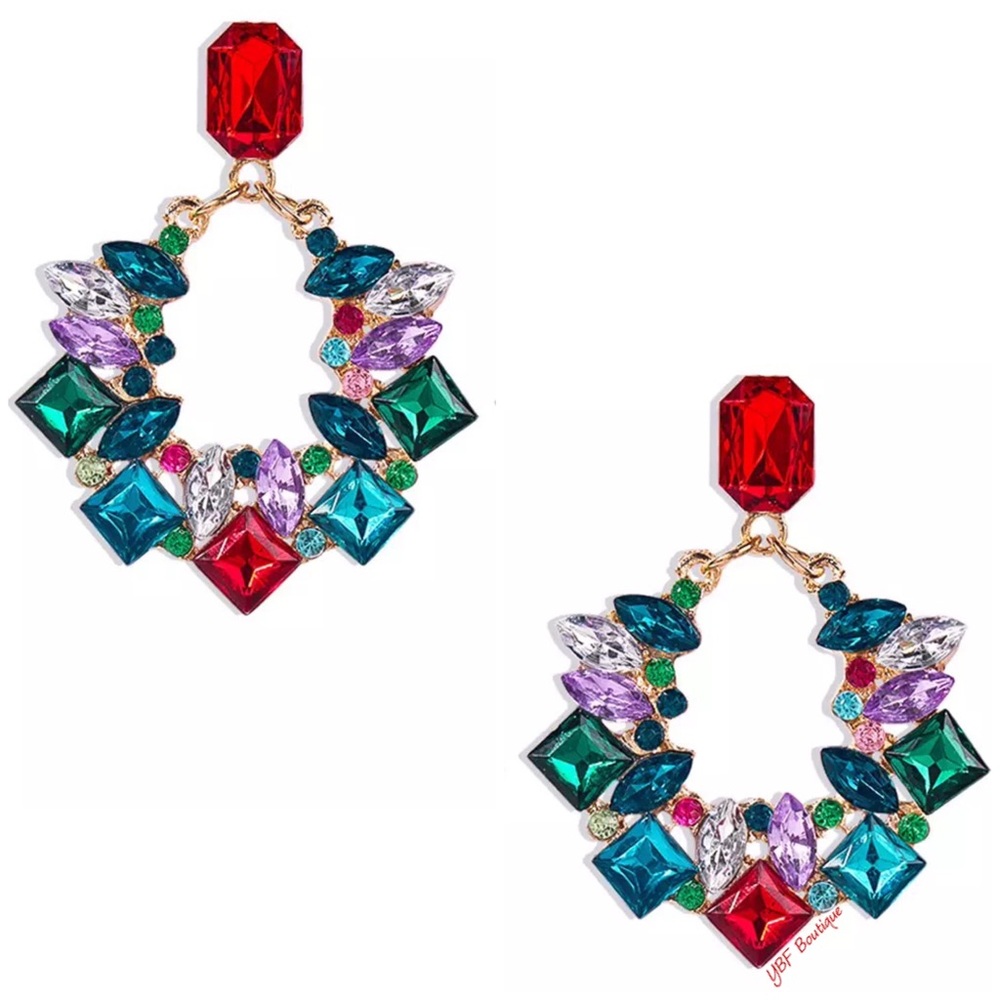 New Red Blue Colorful Rhinestone Post Statement Earring - Picture 3 of 6